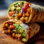 Spicy chickpea and avocado wrap on a wooden table