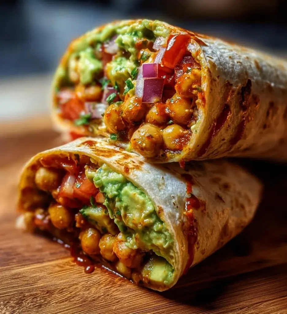Spicy chickpea and avocado wrap on a wooden table