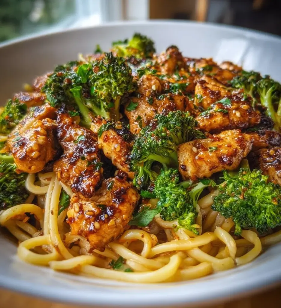 Spicy Garlic Chicken with Broccoli Noodle Bowl garnished with fresh herbs