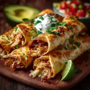 Plate of spicy Hatch Chili Chicken Taquito Rolls garnished with herbs