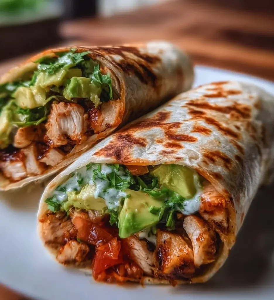 Delicious spicy southwest chicken wraps with fresh avocado and vibrant ingredients.