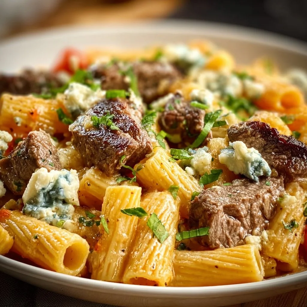 Baked Steak and Blue Cheese Rigatoni topped with melted cheese