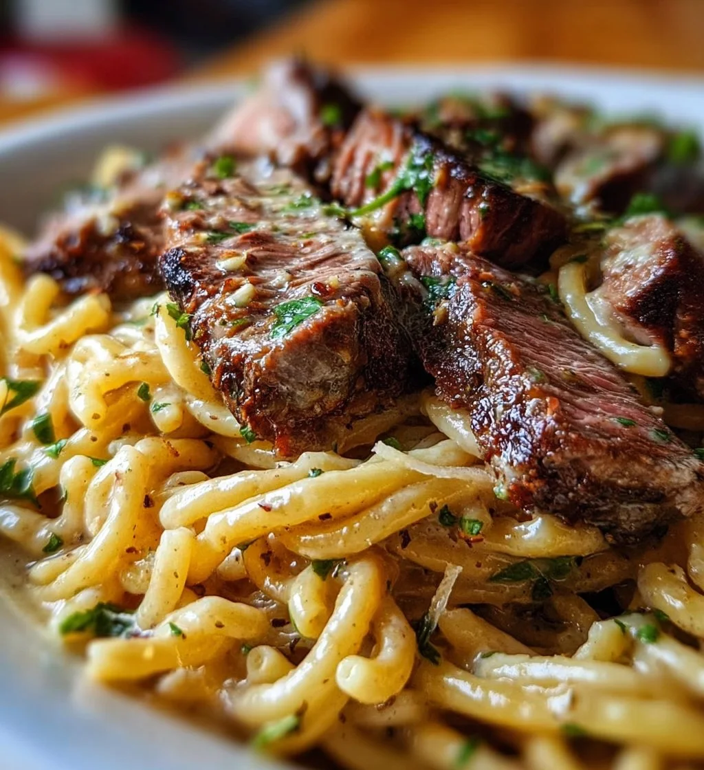 Delicious steak and creamy garlic parmesan pasta dish garnished with herbs