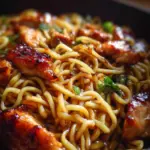 A plate of sticky garlic chicken noodles garnished with green onions.