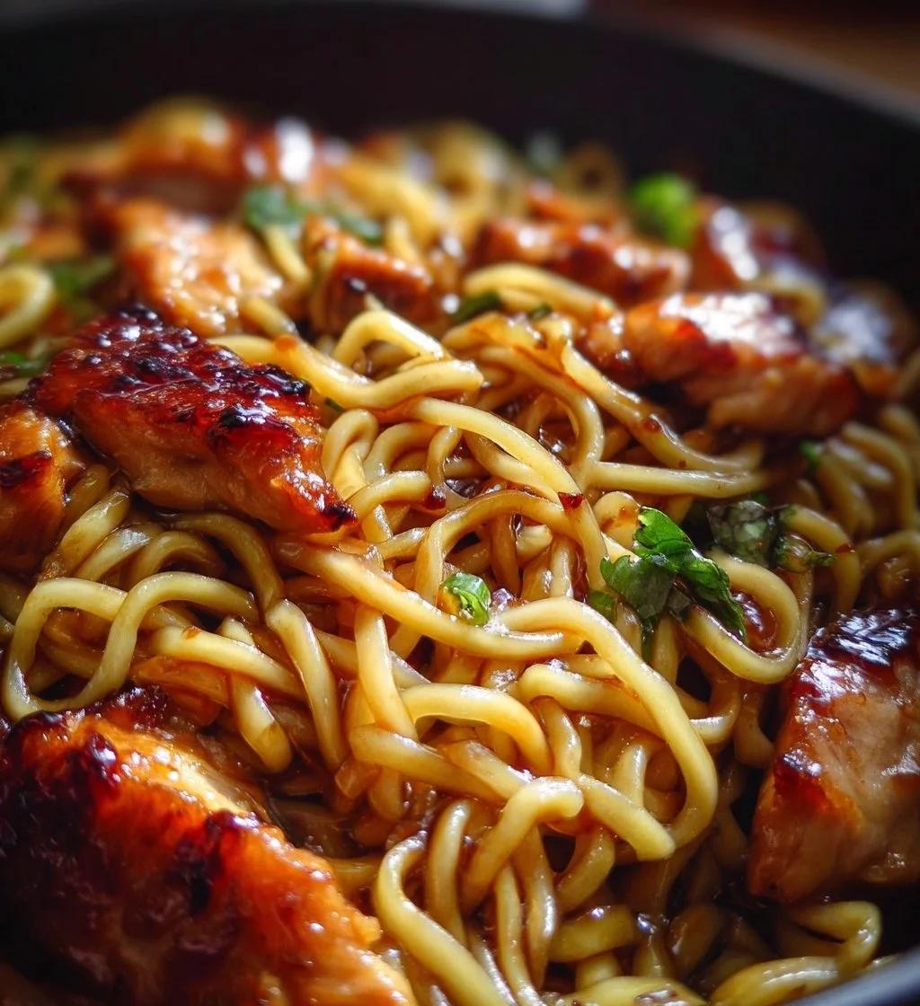 A plate of sticky garlic chicken noodles garnished with green onions.