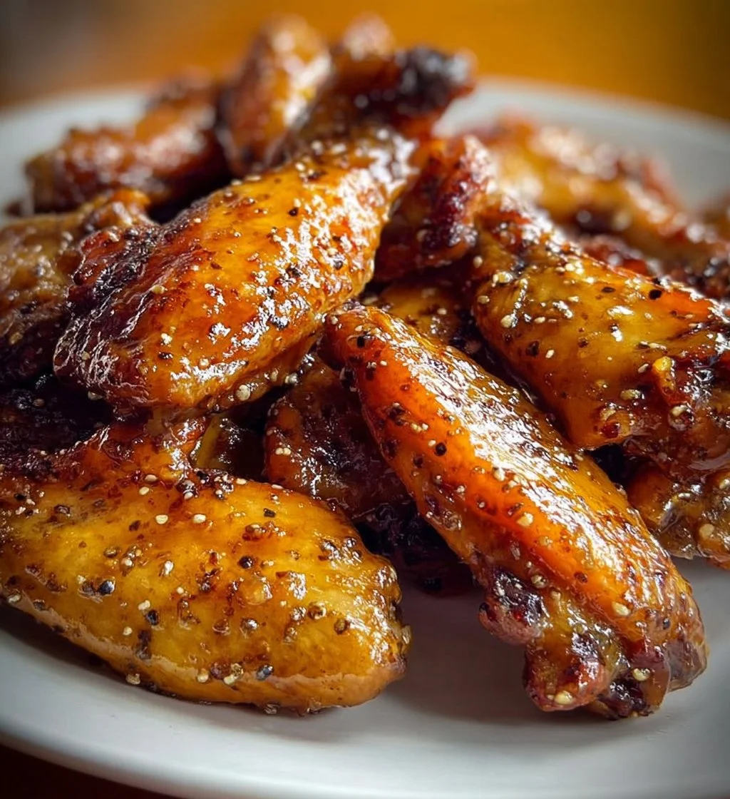 Delicious sticky honey mustard chicken wings on a platter