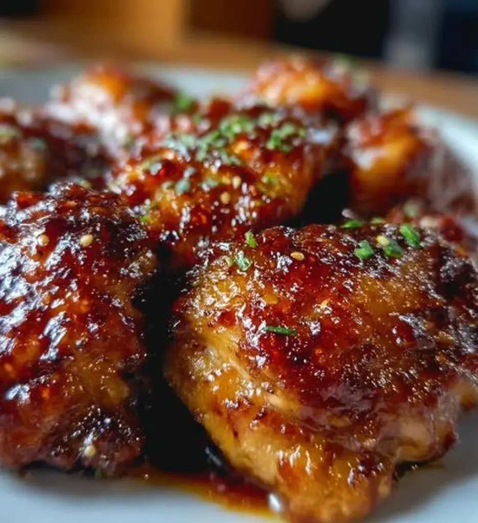 Sticky Sweet Chili Chicken Thighs on a plate garnished with herbs