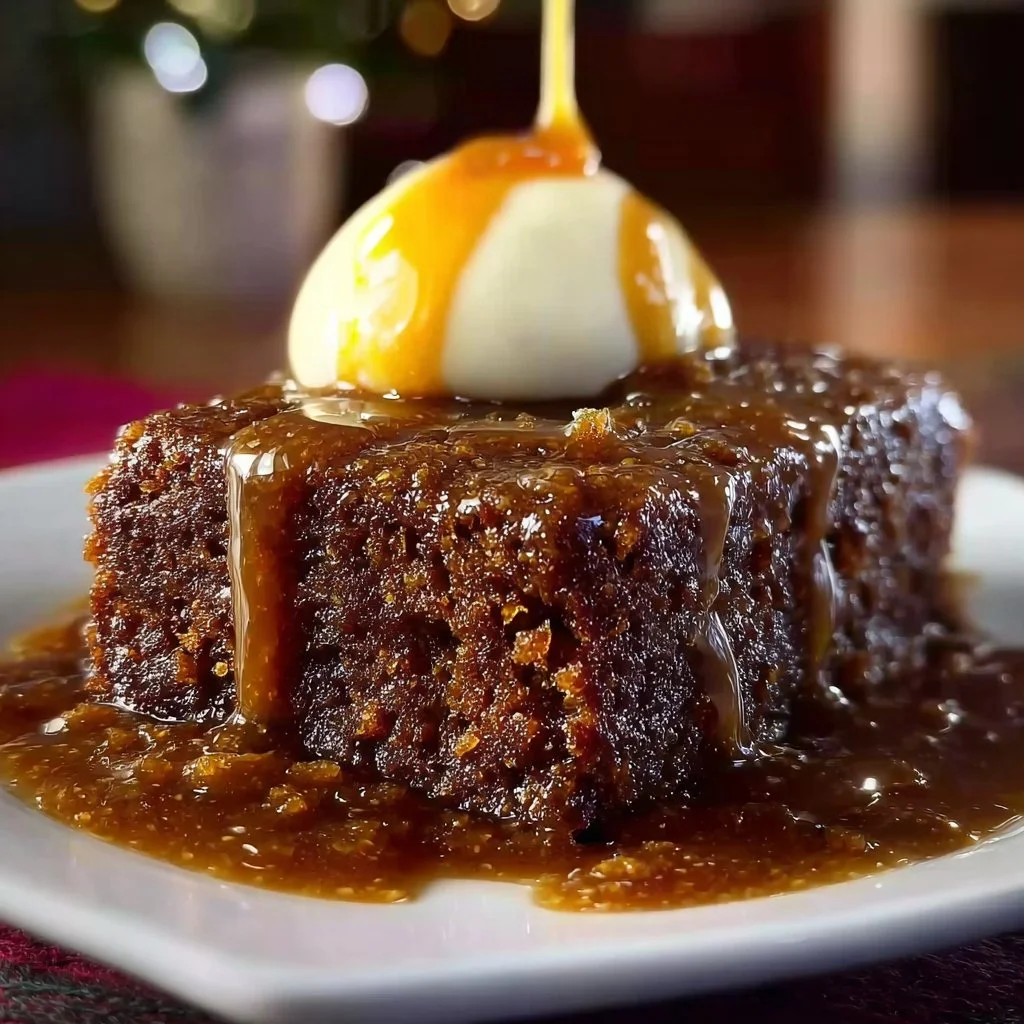 Delicious sticky toffee pudding served with warm toffee sauce and vanilla ice cream