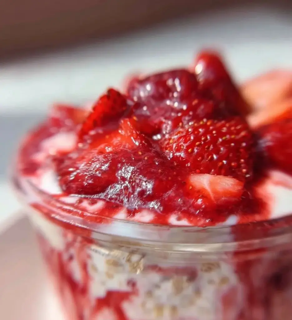 Strawberries and cream overnight oats in a glass bowl