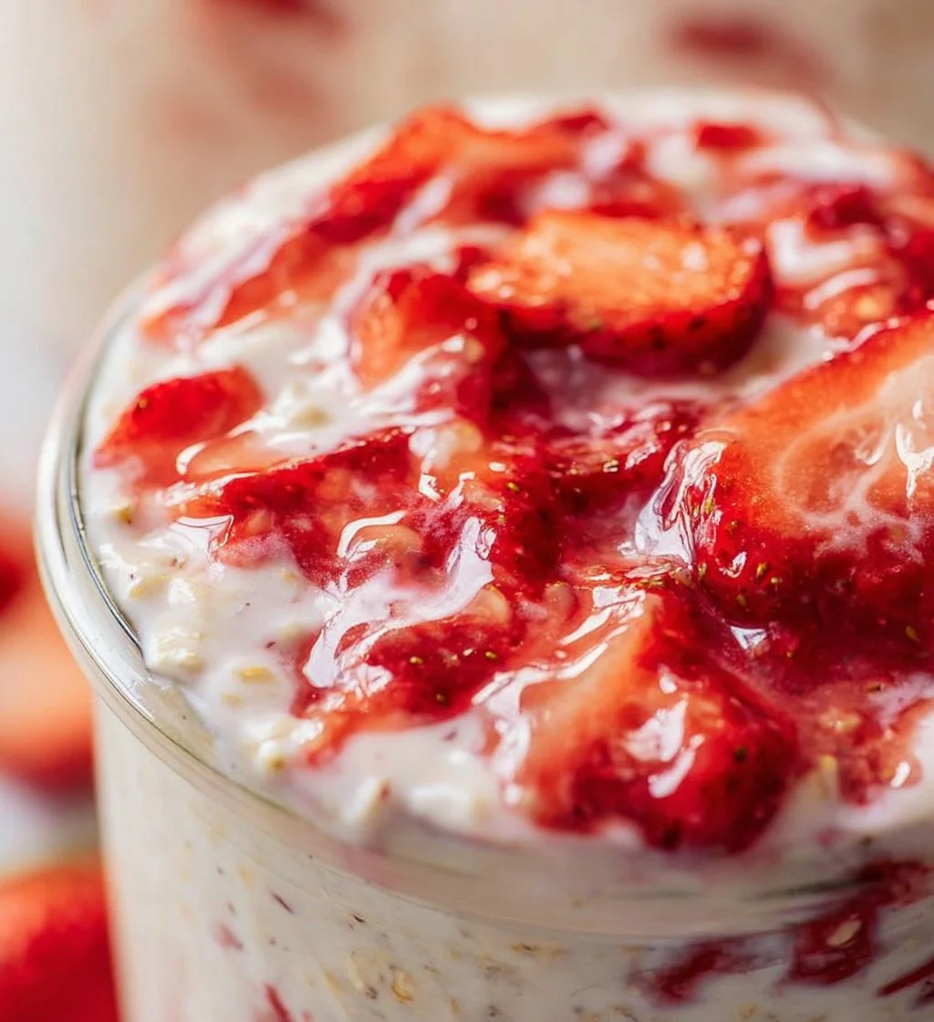 Bowl of strawberry cheesecake overnight oats topped with fresh strawberries