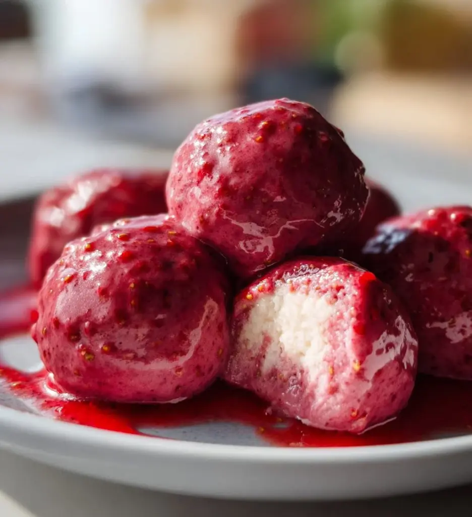 Strawberry cheesecake protein balls, a healthy dessert option with protein.