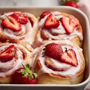Freshly baked strawberry cinnamon rolls with icing on a white plate