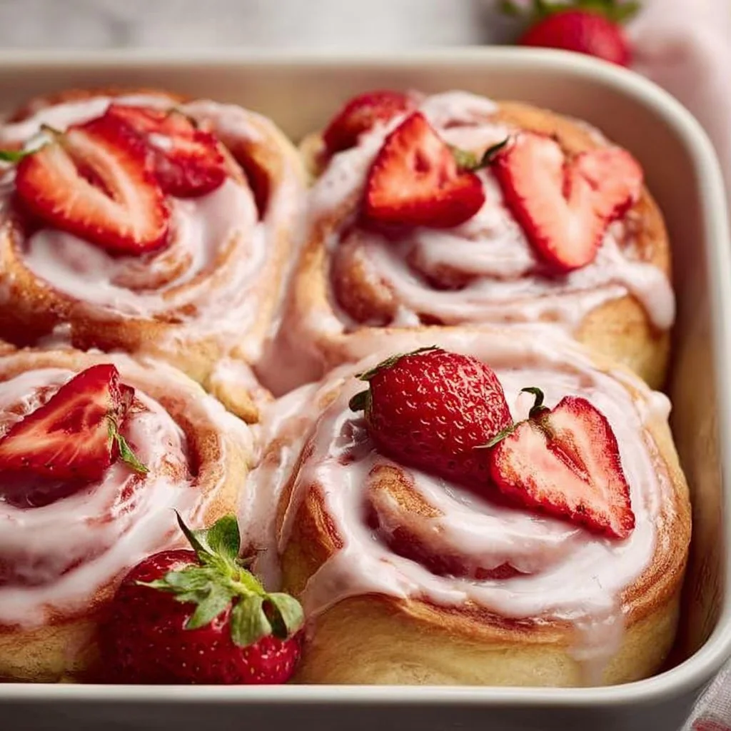 Freshly baked strawberry cinnamon rolls with icing on a white plate