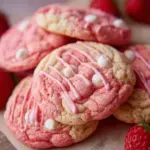 Freshly baked strawberry milkshake cookies on a plate with strawberries