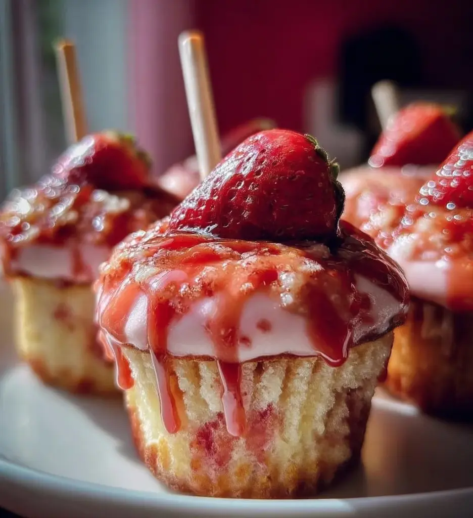 Strawberry milkshake cupcakes topped with pink frosting and strawberries