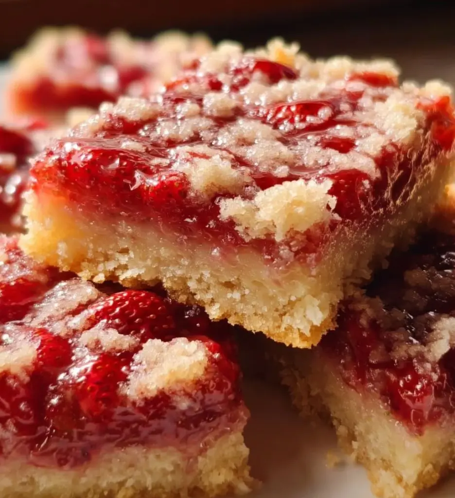 Delicious strawberry shortcake bars topped with fresh strawberries.