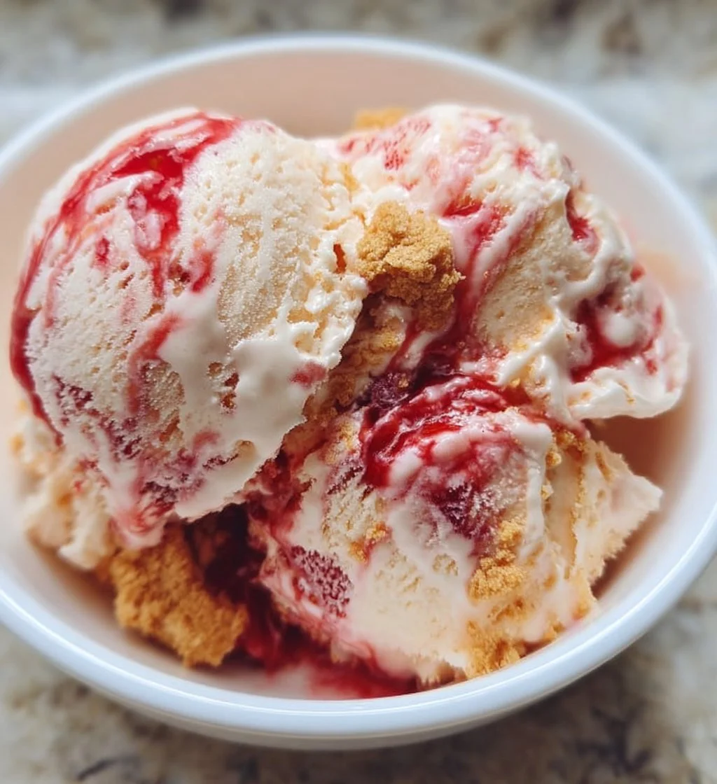 Delicious strawberry shortcake ice cream topped with fresh strawberries
