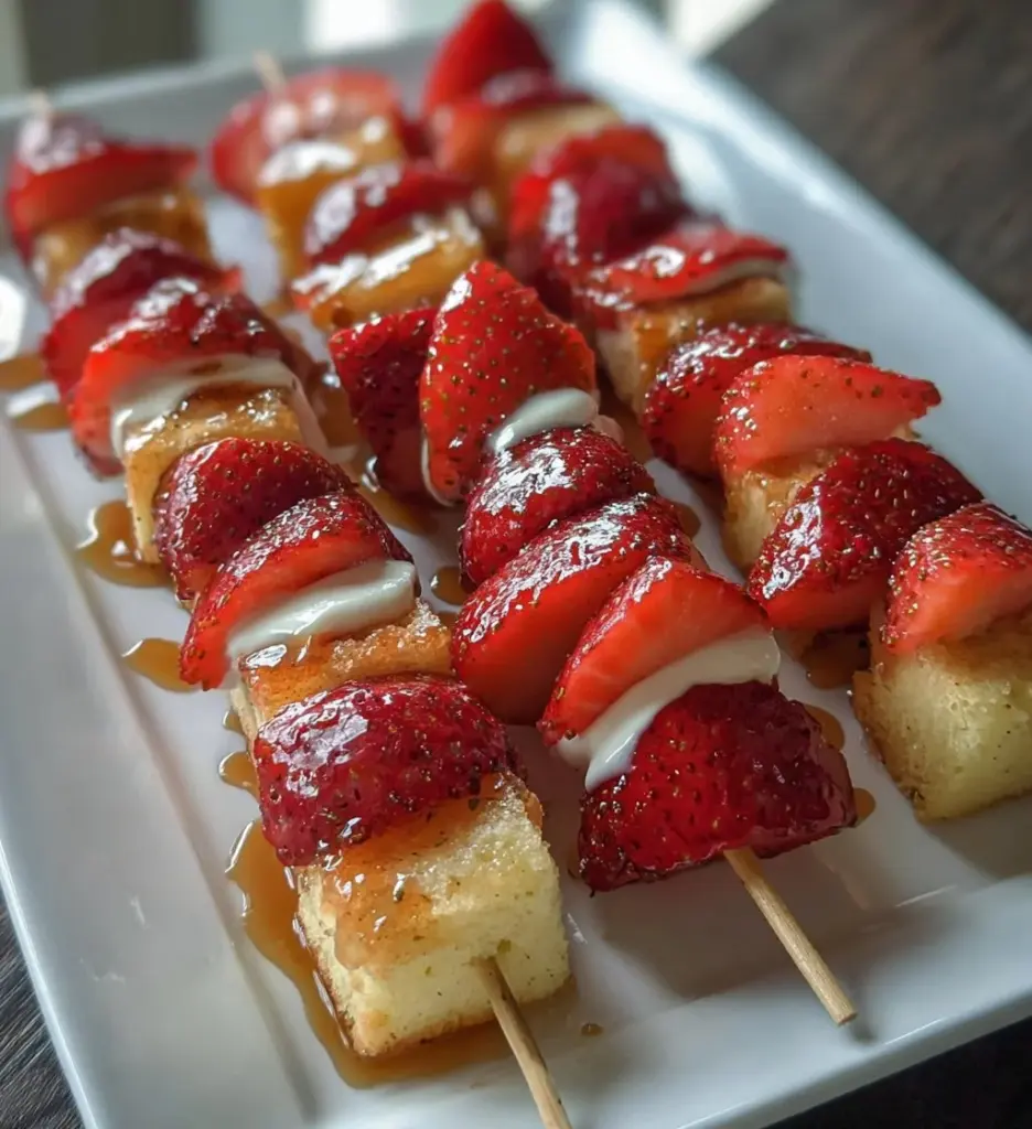 Strawberry shortcake kabobs with fresh strawberries and whipped cream.