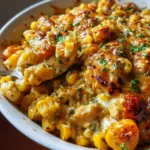 Delicious street corn chicken casserole served in a baking dish