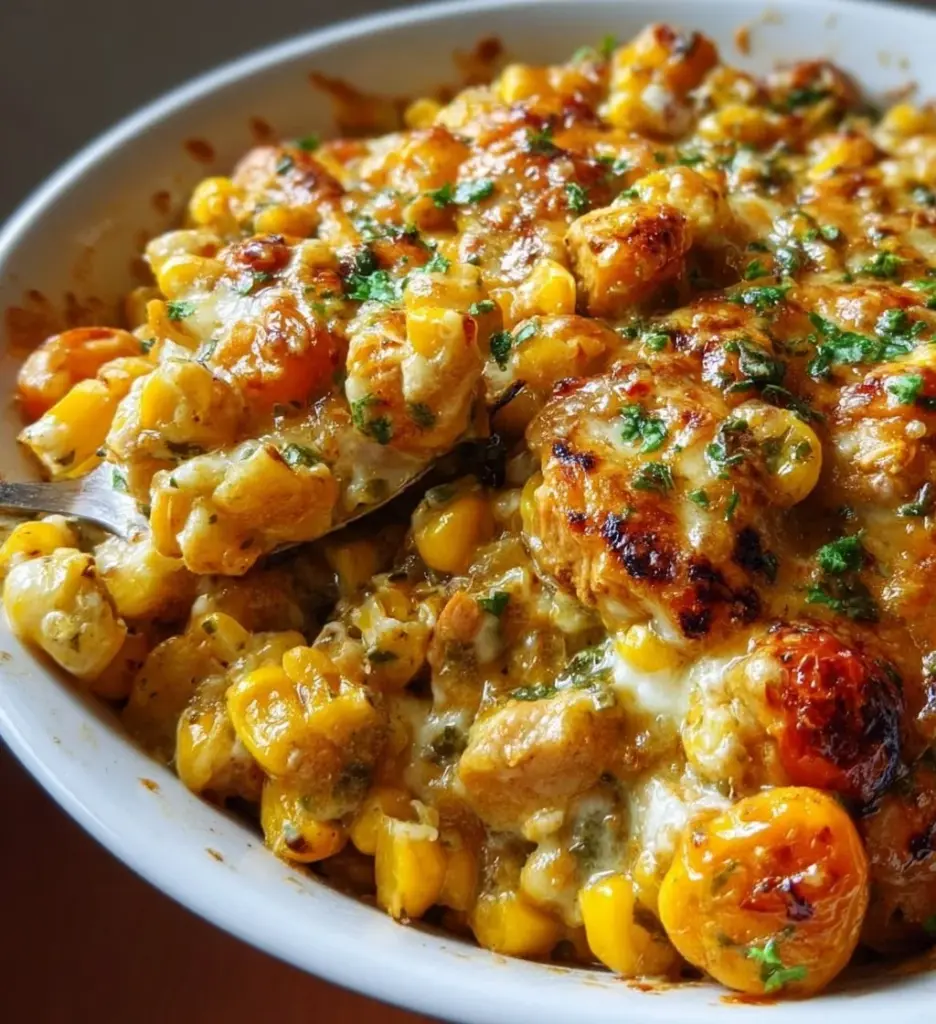 Delicious street corn chicken casserole served in a baking dish