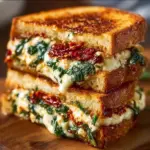 Sun-dried tomato, spinach, and ricotta grilled cheese sandwich on a plate.