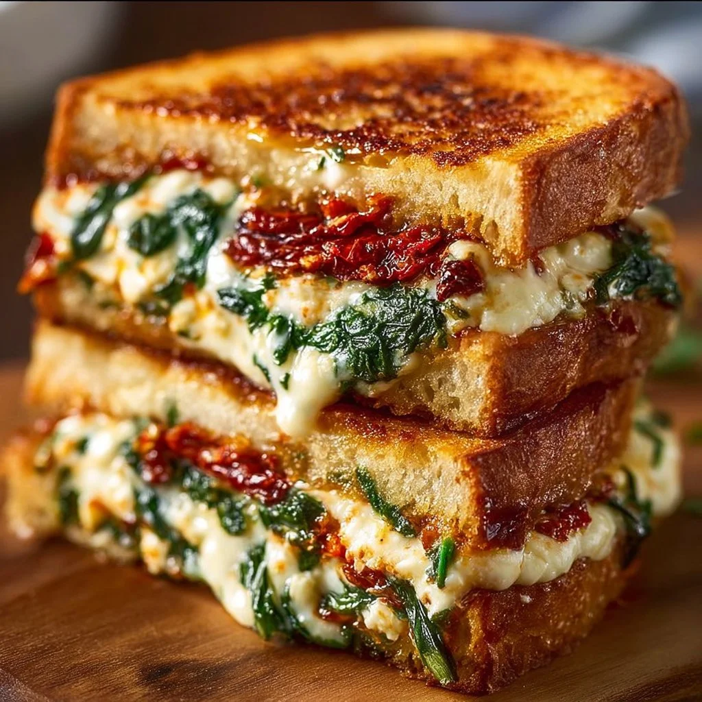 Sun-dried tomato, spinach, and ricotta grilled cheese sandwich on a plate.