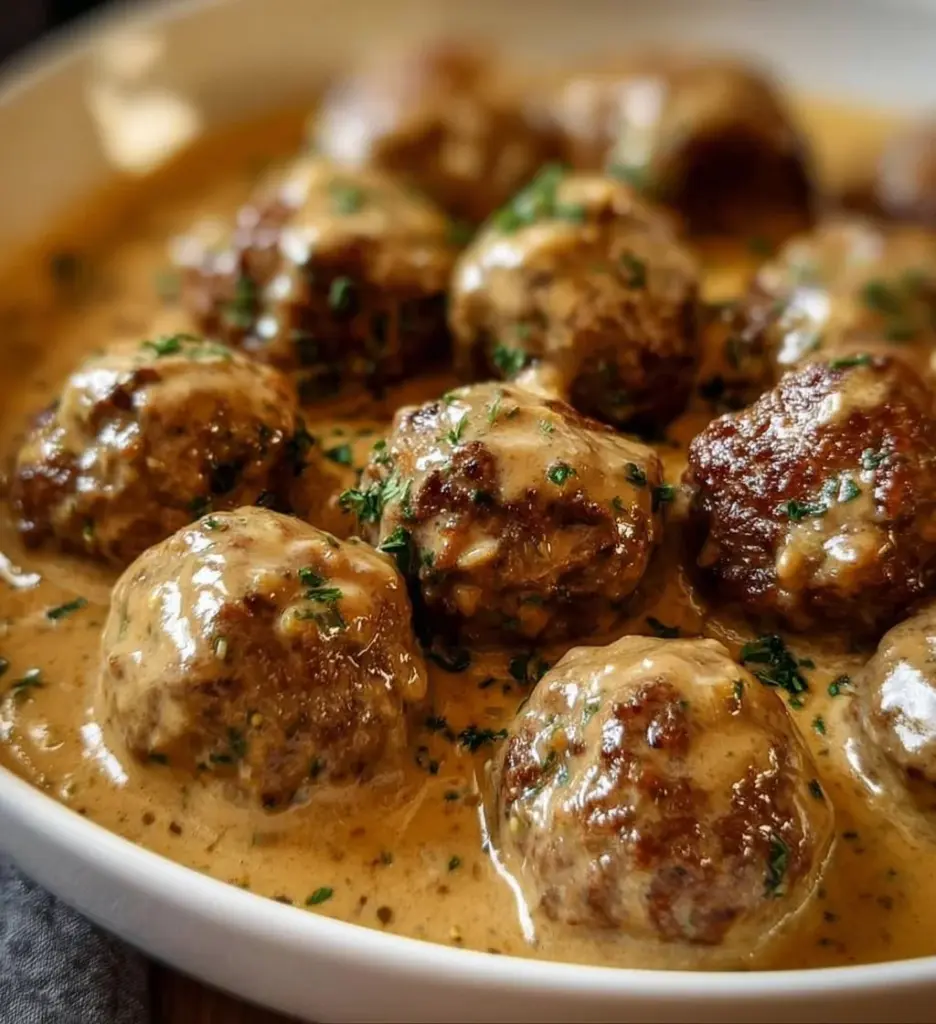Delicious Swedish meatballs served with creamy sauce on a plate