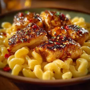 Delicious Honey Pepper Chicken served with creamy macaroni and cheese