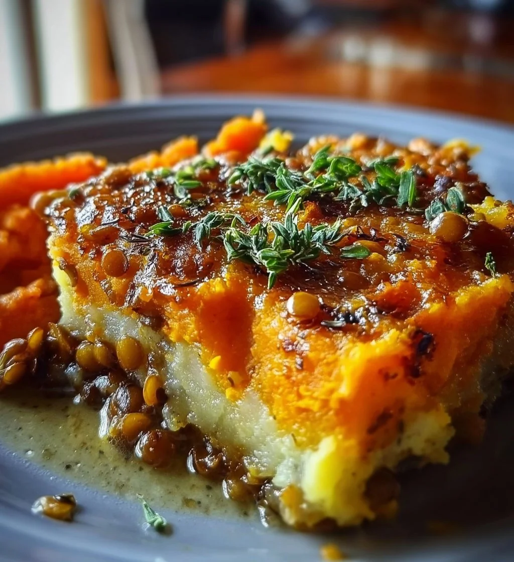 Sweet Potato and Lentil Shepherd's Pie served in a dish with herbs