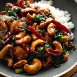 A bowl of Thai Cashew Chicken Stir Fry with chicken, cashews, and vegetables
