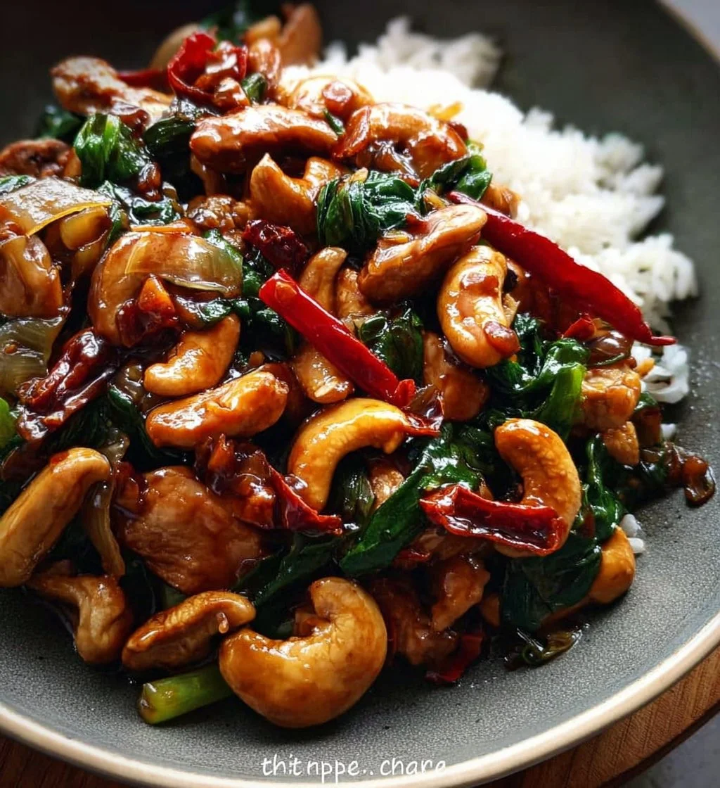 A bowl of Thai Cashew Chicken Stir Fry with chicken, cashews, and vegetables