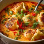 Delicious Thai Coconut Curry Soup with dumplings and fresh herbs