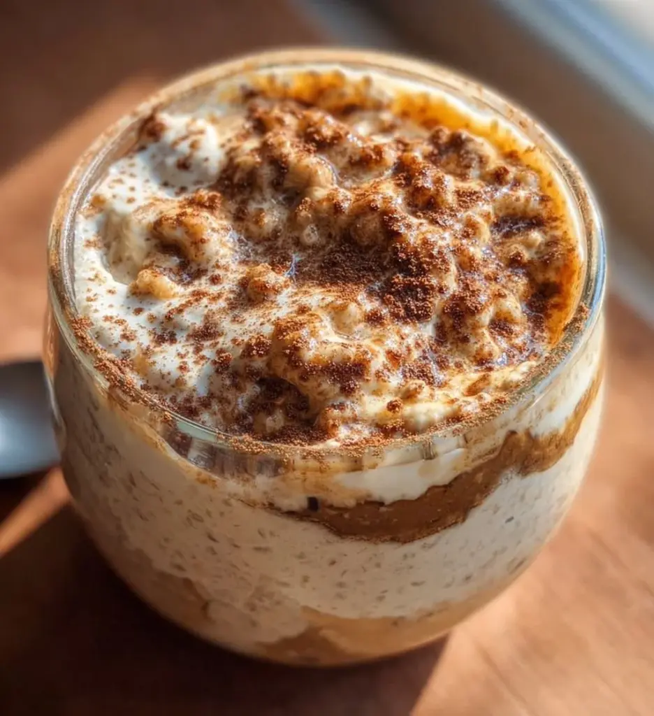 Delicious Tiramisu Overnight Oats topped with cocoa and coffee flavors.