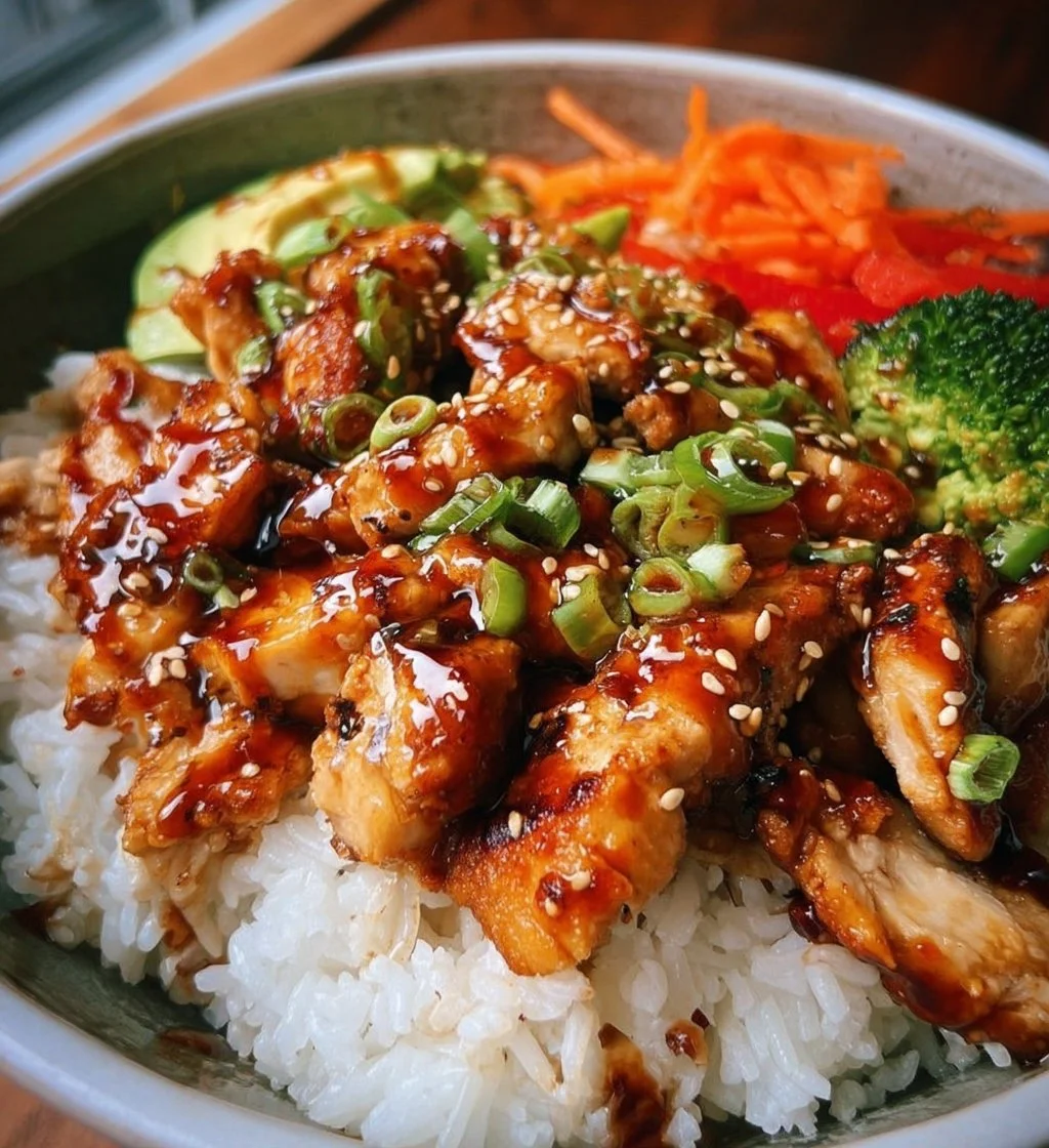 Delicious 30-minute teriyaki chicken bowl garnished with vegetables