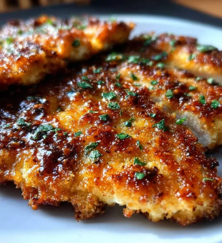 Air Fryer Parmesan Crusted Chicken served on a plate with herbs