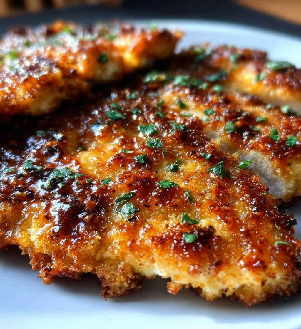 Air Fryer Parmesan Crusted Chicken served on a plate with herbs