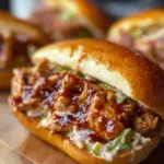 Alabama BBQ Chicken Chopped Sandwiches served on a plate with coleslaw.
