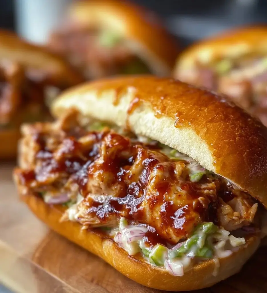 Alabama BBQ Chicken Chopped Sandwiches served on a plate with coleslaw.