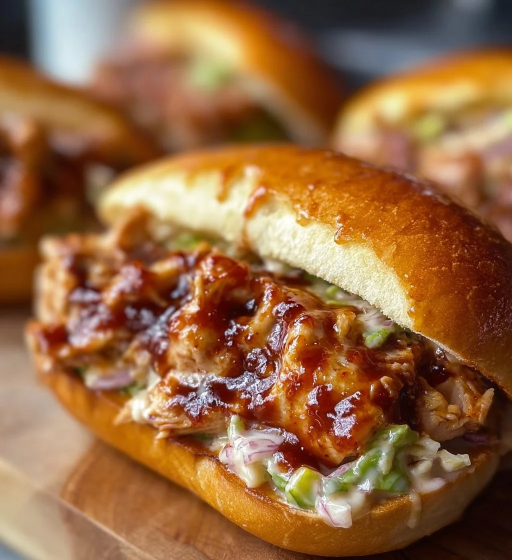 Alabama BBQ Chicken Chopped Sandwiches served on a plate with coleslaw.