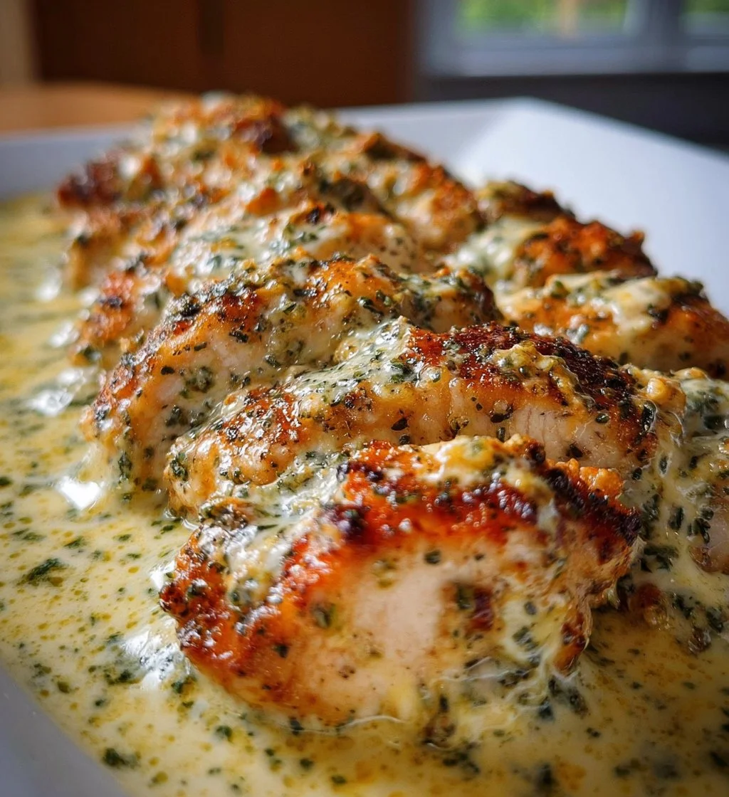 Baked Caesar Chicken topped with creamy Parmesan sauce on a plate.