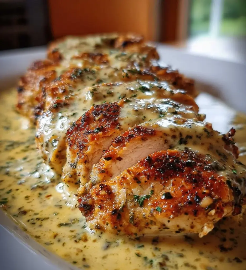 Baked Caesar Chicken with Creamy Parmesan Sauce served on a plate