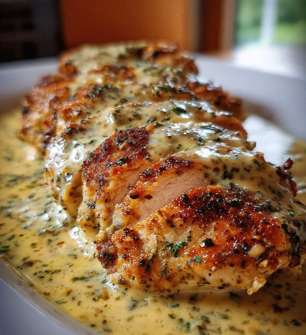 Baked Caesar Chicken with Creamy Parmesan Sauce served on a plate