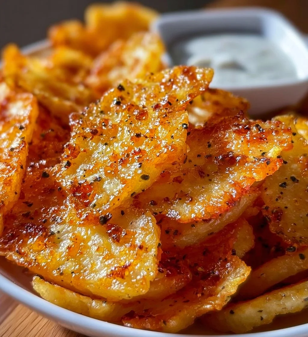 Baked cottage cheese chips served in a bowl, healthy snack option.