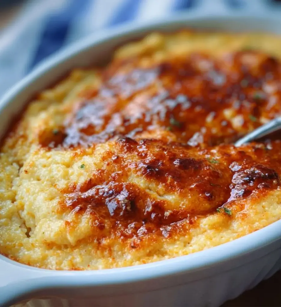 Delicious baked Gouda cheese grits served in a casserole dish