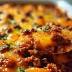 Delicious baked ground beef and potato casserole topped with cheese and herbs