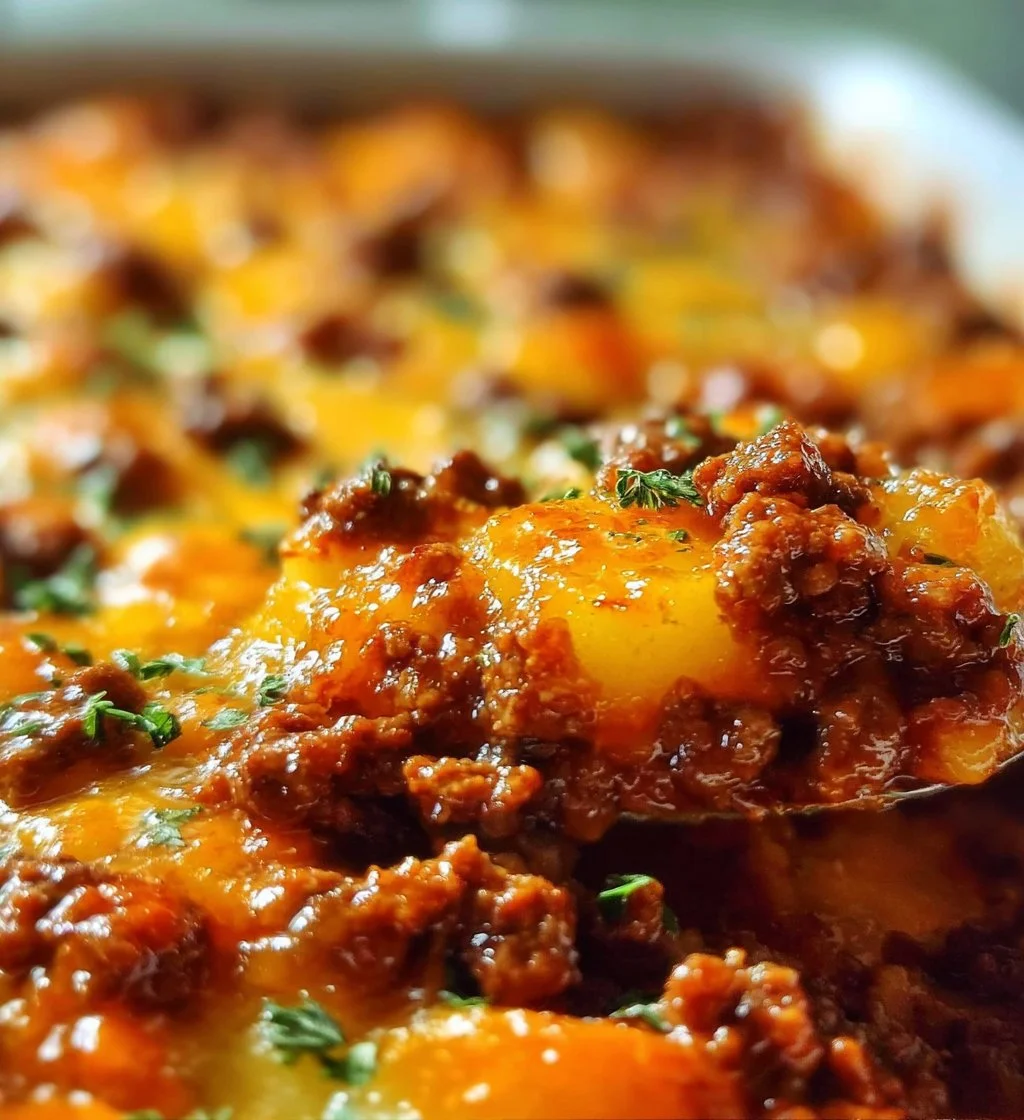 Delicious baked ground beef and potato casserole topped with cheese and herbs