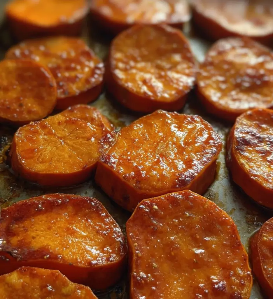 Oven-baked sweet potato slices, crispy and golden, served as a healthy snack.