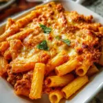 Baked ziti with cottage cheese topped with melted cheese and herbs