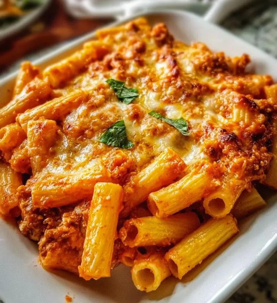 Baked ziti with cottage cheese topped with melted cheese and herbs