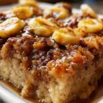 Banana bread cobbler served in a bowl with a gooey topping.